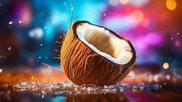 Foto von Kokosnuss Obst Hälfte gegen ein bunt abstrakt Hintergrund. generativ ai