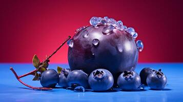 Foto von Blaubeere Obst Hälfte gegen ein bunt abstrakt Hintergrund. generativ ai