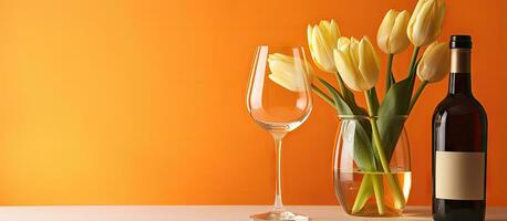 ein anspruchsvoll Party Konfiguration mit Weiß Wein Tulpe Blumen und ein elegant Komposition auf ein Orange Hintergrund foto