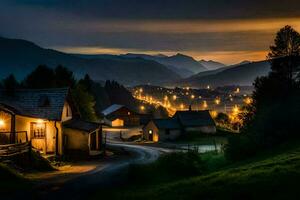 Foto Hintergrund das Himmel, Berge, Straße, Dorf, Nacht, das Straße, das Straße,. KI-generiert