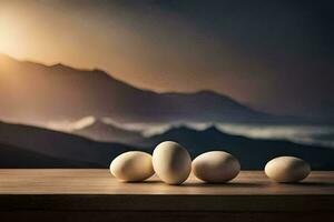 Eier auf ein Tabelle mit Berge im das Hintergrund. KI-generiert foto