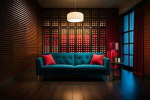 ein Blau Couch im ein Zimmer mit hölzern Wände. KI-generiert foto