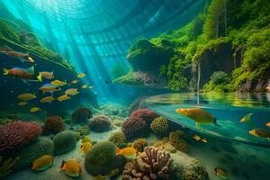 ein unter Wasser Szene mit Fisch und Koralle. KI-generiert foto
