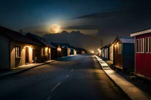 Foto Hintergrund das Himmel, Mond, Nacht, das Straße, Häuser, das Mond, Island. KI-generiert