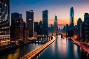 das Chicago Fluss beim Sonnenuntergang. KI-generiert foto