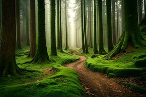 ein Pfad durch ein Grün Wald mit Bäume und Moos. KI-generiert foto