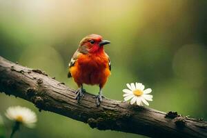 ein rot Vogel sitzt auf ein Ast mit ein Gänseblümchen. KI-generiert foto
