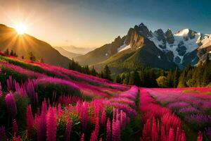 das Sonne steigt an Über das Berge und Blumen im das Vordergrund. KI-generiert foto