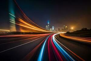 ein lange Exposition fotografieren von ein Autobahn beim Nacht mit Beleuchtung. KI-generiert foto