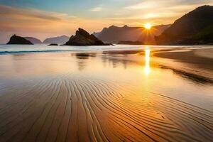 das Sonne setzt Über das Ozean und Sand auf ein Strand. KI-generiert foto