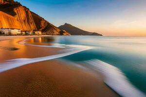 ein Strand mit Wellen und ein Haus im das Hintergrund. KI-generiert foto