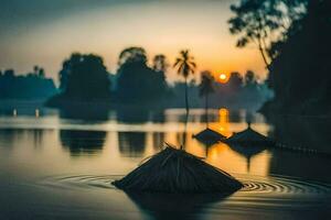 ein Boot auf das Fluss beim Sonnenuntergang. KI-generiert foto