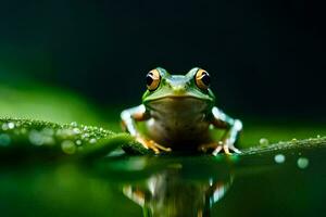 ein Frosch Sitzung auf oben von ein Blatt. KI-generiert foto