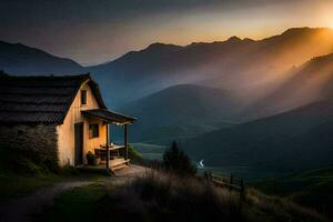 das Sonne steigt an Über ein Berg Kabine im das Alpen. KI-generiert foto