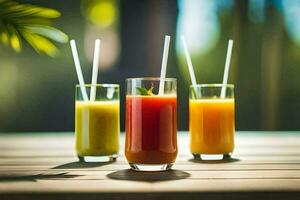 drei Brille von Saft mit Strohhalme auf ein hölzern Tisch. KI-generiert foto