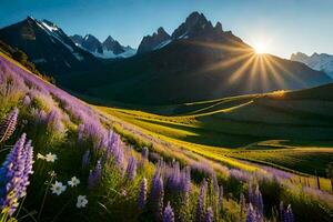 das Sonne steigt an Über das Berge und Blumen im das Vordergrund. KI-generiert foto