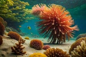 ein unter Wasser Szene mit ein Anemone und andere Korallen. KI-generiert foto
