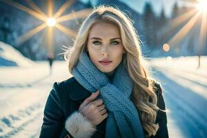 ein schön blond Frau im Winter Kleidung. KI-generiert foto