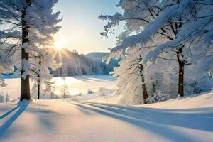 Schnee bedeckt Bäume im das Sonne. KI-generiert foto