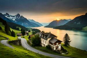 ein Haus sitzt auf ein Hügel mit Blick auf ein See und Berge. KI-generiert foto