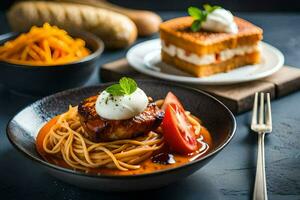 ein Teller von Spaghetti mit Fleischklößchen und Tomate Soße. KI-generiert foto