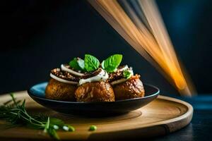 ein Teller mit Essen auf es und ein Licht hinter Es. KI-generiert foto