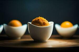 ein Gruppe von klein Weiß Tassen mit Orange Essen im ihnen. KI-generiert foto