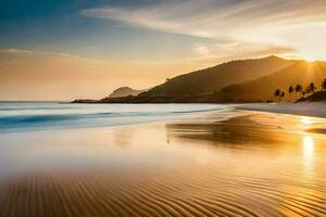 Sonnenuntergang auf das Strand, Strand, Strand hd Hintergrund. KI-generiert foto