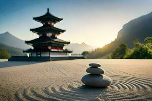 ein Pagode und Steine im das Sand. KI-generiert foto