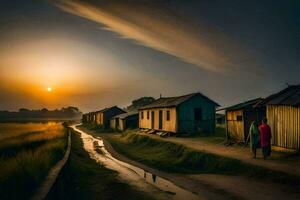 das Sonne setzt Über ein Dorf im Indien. KI-generiert foto