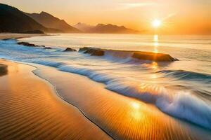 das Sonne steigt an Über das Ozean und Wellen beim das Strand. KI-generiert foto