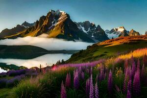 schön Berge und Blumen im das Vordergrund. KI-generiert foto