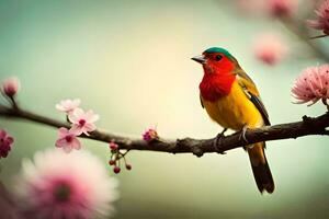 ein bunt Vogel sitzt auf ein Ast mit Rosa Blumen. KI-generiert foto