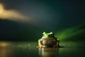 ein Frosch Sitzung auf das Boden mit ein Grün Hintergrund. KI-generiert foto