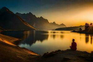 ein Mann Sitzung auf das Kante von ein See beim Sonnenuntergang. KI-generiert foto