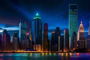 das Stadt Horizont beim Nacht mit Beleuchtung leuchtenden hell. KI-generiert foto