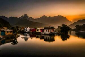 ein See und Häuser im das Berge beim Sonnenuntergang. KI-generiert foto