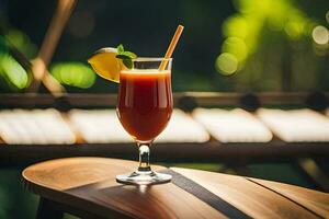 ein Glas von rot trinken Sitzung auf ein Tisch. KI-generiert foto