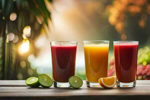 drei Brille von Saft mit Orangen und Zitronen. KI-generiert foto