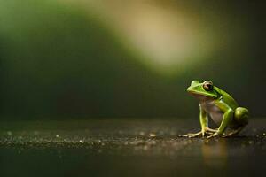 ein Frosch ist Sitzung auf das Boden im Vorderseite von ein Grün Hintergrund. KI-generiert foto