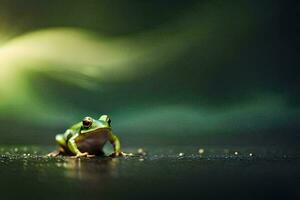 ein Frosch Sitzung auf das Boden mit ein Grün Licht hinter Es. KI-generiert foto