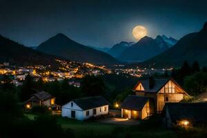 Foto Hintergrund das Mond, Nacht, Berge, Dorf, Mond, das Nacht, das Mond,. KI-generiert