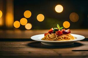 Spaghetti mit Tomate und Basilikum auf ein Platte. KI-generiert foto