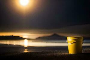 ein Gelb Eimer sitzt auf das Strand beim Nacht. KI-generiert foto