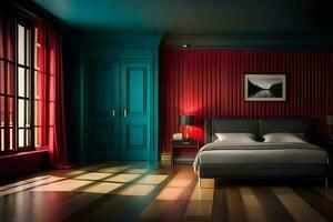 ein Schlafzimmer mit rot Wände und hölzern Etagen. KI-generiert foto
