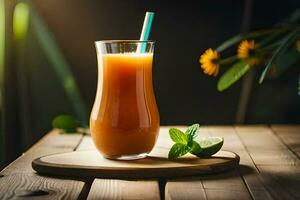 ein Glas von Orange Saft auf ein hölzern Tisch. KI-generiert foto