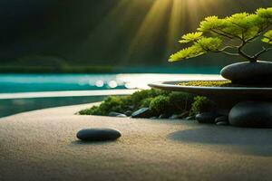 Bonsai Baum im ein Schüssel auf das Strand. KI-generiert foto