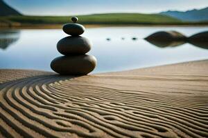 ein Stapel von Felsen Sitzung auf das Sand in der Nähe von ein See. KI-generiert foto