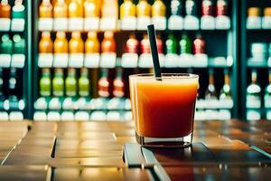 ein Glas von Orange Saft Sitzung auf ein Tabelle im Vorderseite von ein Regal von Getränke. KI-generiert foto