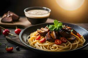 Spaghetti mit Fleisch und Kirsche Tomaten. KI-generiert foto